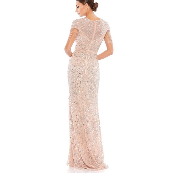 MAC DUGGAL Platinum Embellished Fringe Cap Sleeve Trumpet Gown - Picture 13 of 15